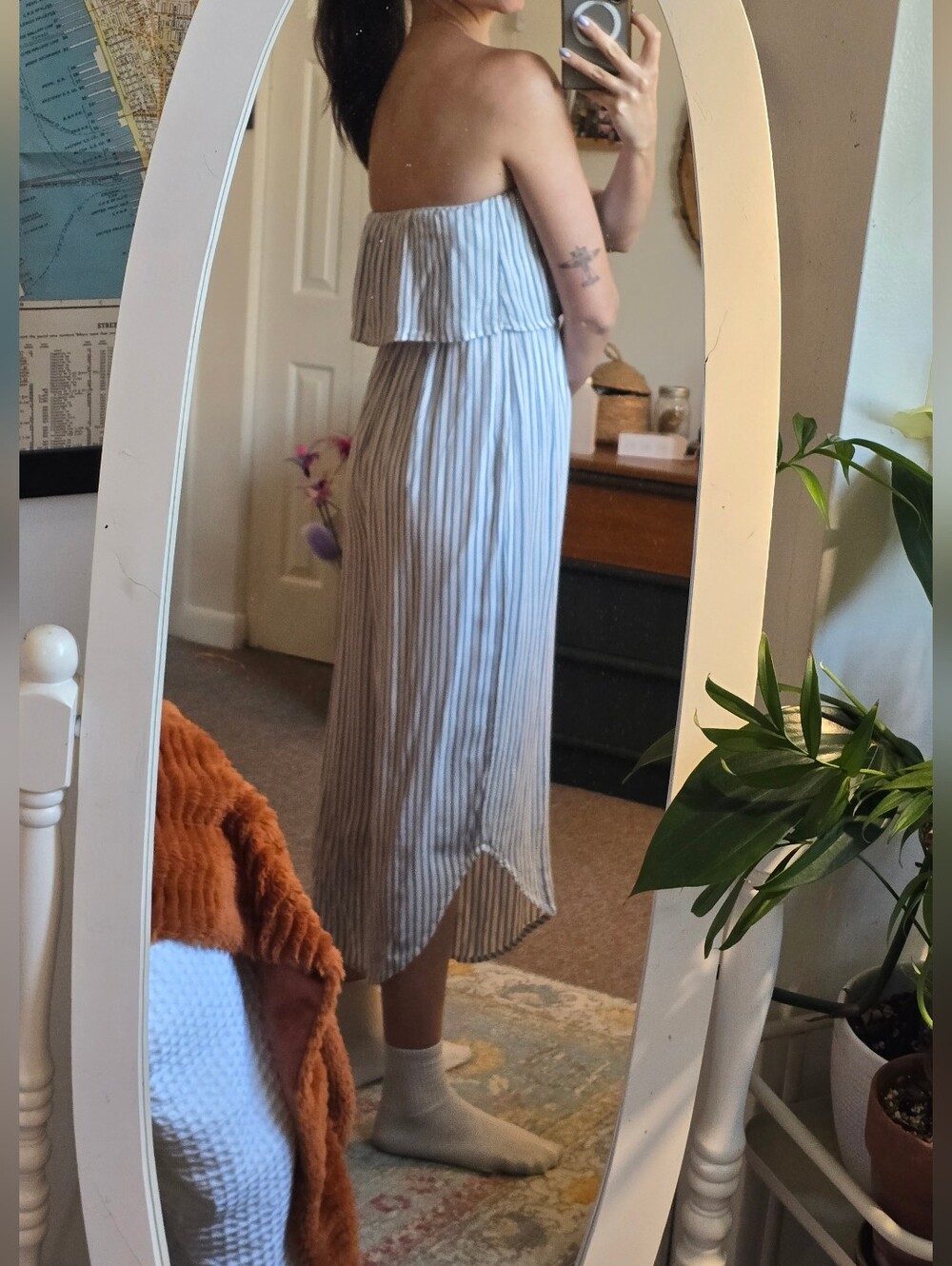 Strapless Blue and White Striped Midi Jumpsuit